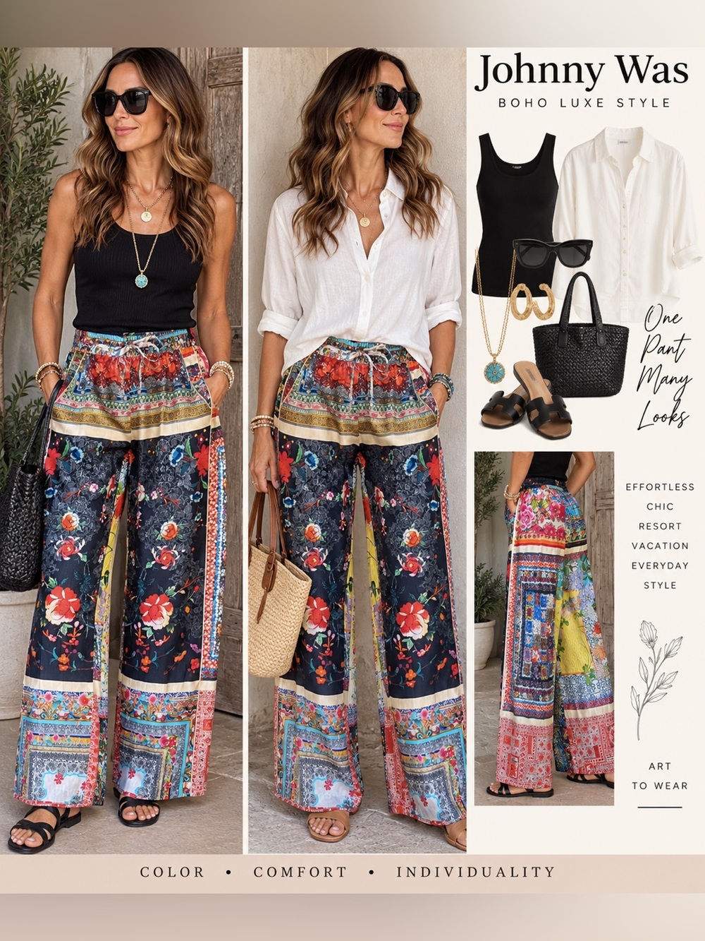 Johnny Was Silk Patchwork Floral Wide Leg Pants Boho Size S